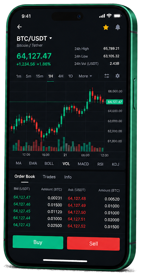 Mobiele handelsinterface van Sueldora IA — live BTC/USDT-grafiek met orderboek en functies voor kopen en verkopen